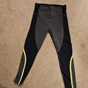Athleta Black and Gray Leggings with Yellow Accents